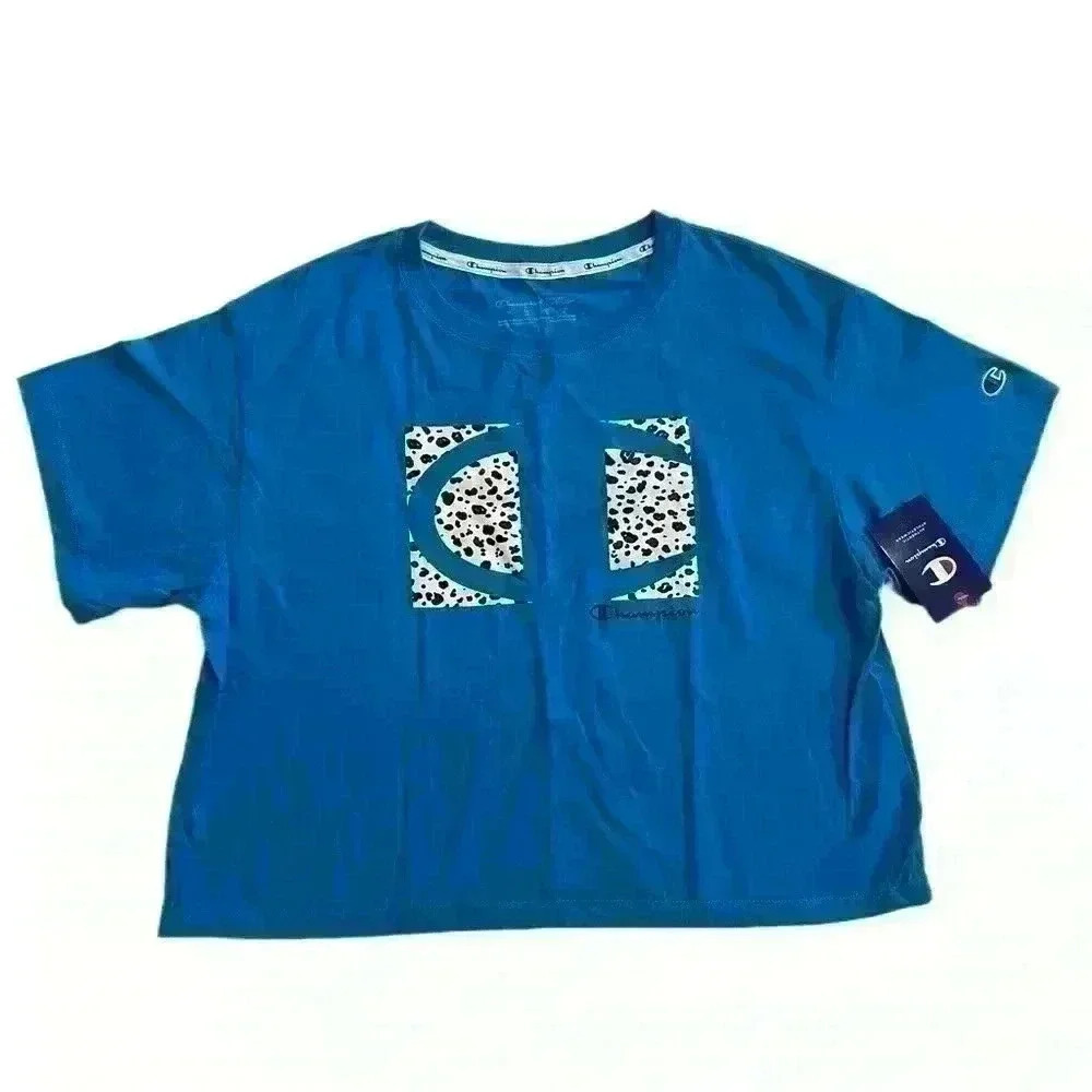 Champion Womens Cropped Graphic-Print T-Shirt Balboa Blue Size M-L - Picture 6 of 12